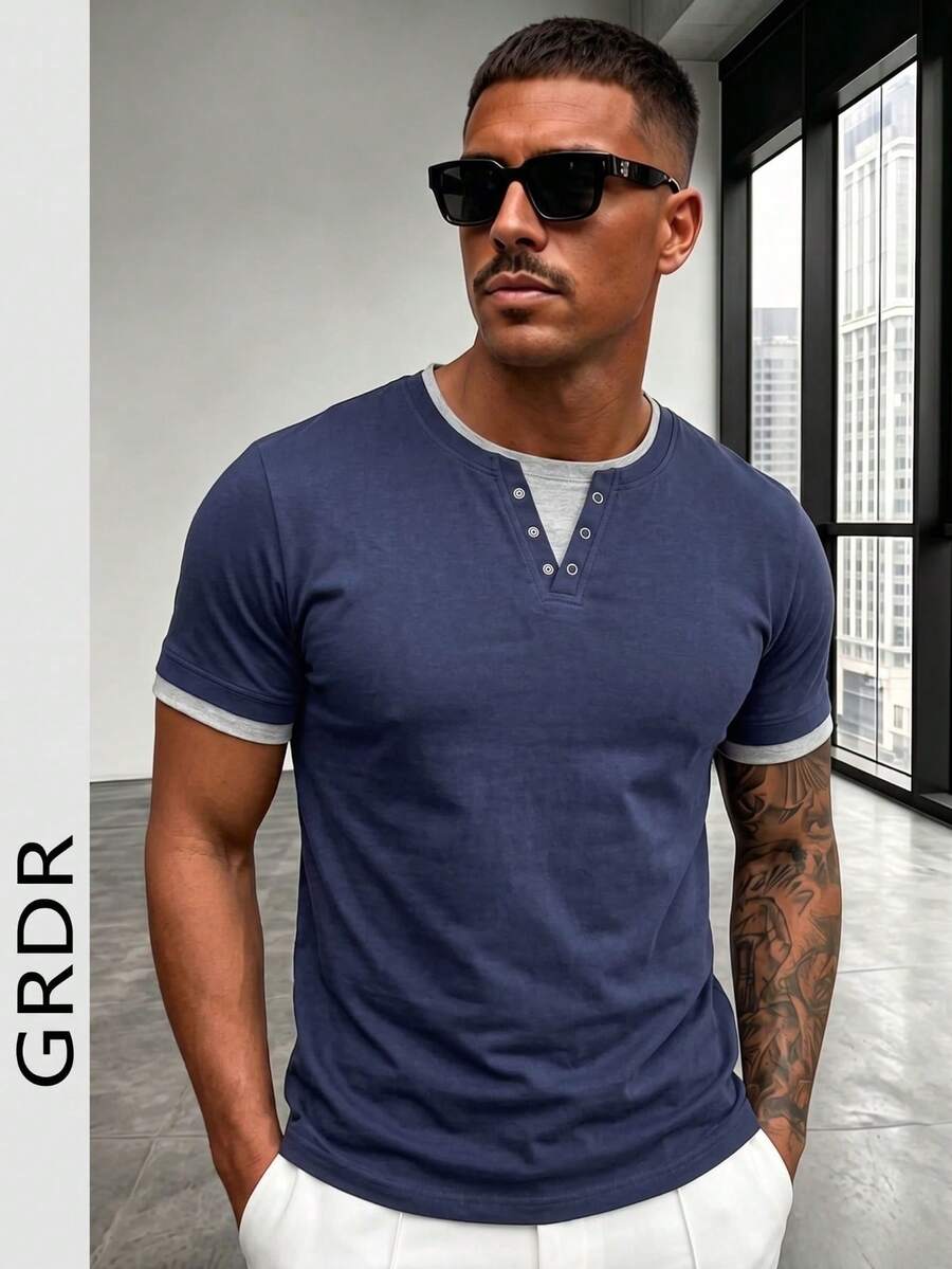 GRDR Men's Summer Casual Short Sleeve T-Shirt, Suitable For Vacation - Navy Blue - View 1
