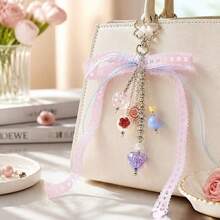 1Pc Pastel Beaded Keychain, Pink‑Blue Ribbon Bag Charm, Heart Bead Pendant, Lobster Clasp, Car Key Ring, Daily Gift - Multicolor - View 7