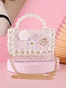 1pc Mini Children's Bag With Flower Decoration, Comfortable Woolen & PU Material, Flap Closure, Chain Strap, Fashionable Beaded Handbag And Crossbody Bag, Cute Sweet Princess Style, Suitable For Snacks And Coins, Perfect For Holidays And Daily Use - Wool Floral Love - View 1