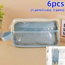 6pcs (1 Pencil Case + 5 Pens) Multi-Layer Pencil Case, Multi-Functional Large Capacity, Zipper Closure, Independent Compartments, Convenient Mesh Storage Design, Multi-Color Options, Your Ideal Office Desk Organizer, Suitable For Office And School Pencil, Ballpoint Pen, Colored Pencil Storage, Unisex, Back To School Gift For Friends - A - View 13