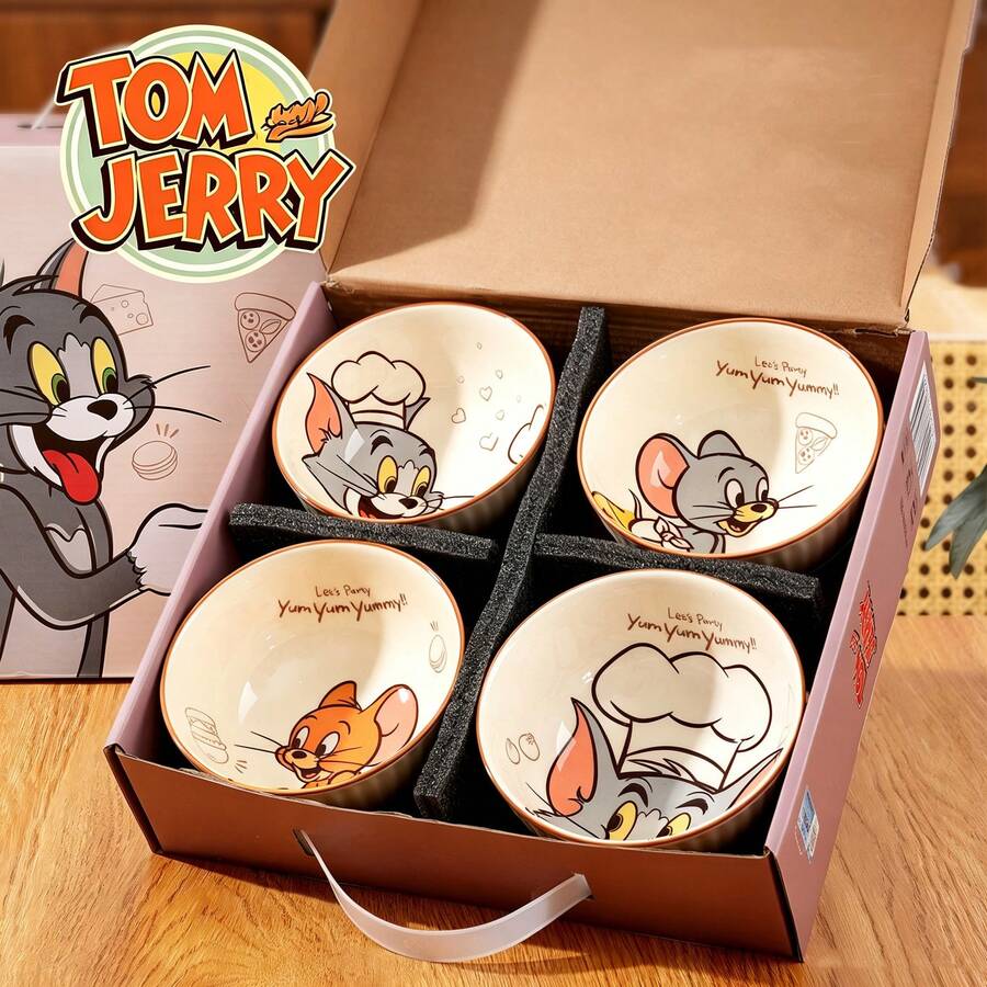 TOM AND JERRY. 1/4件裝乳白色直條紋卡通貓鼠正宗陶瓷碗,柔和可愛印花設計,居家餐具,耐熱易清洗,適用於米飯/湯品/麵條/甜點 - 彩色 - 查看 1