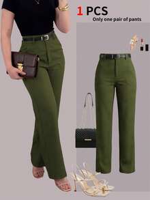 Solid Color Buttonless Zipper Pocket Suit Fabric Straight Leg Pants, Elegant Office Commute Daily Casual Versatile Trousers For Spring/Summer/Autumn - Army Green - View 5