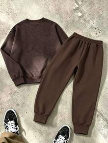 American Street Casual Boys' Racing Graphic Print Sweatshirt And Sweatpants 2-Piece Set, Suitable For Spring/Autumn, School, Shopping, Sports And Other Occasions - Brown - View 3