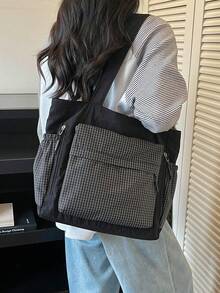 韓式極簡格紋拼接尼龍托特包女款，大容量多口袋單肩包，通勤、上學、購物、旅行、休閒百搭布包，日系學院風大學生課包 - 黑色 - 查看 7