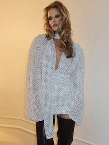 Top Dazzle Sexy & Elegant White Polka Dot Ruched Bodycon Dress With Deep V Neck & Long Sleeves, Perfect For Nights Out - White - View 5