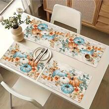 1/4/6pcs Autumn Series Blue & Orange Floral Pumpkin Pattern Printed Placemats, Heat-Resistant Table Mat For Home Kitchen, Table Protection, Kitchen Dining Table, Party Scene Decoration - Multicolor - View 7