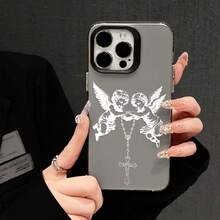 HANCAI 1pc Vintage Black & White Little Angel Cross Rosary Print Large Window Phone Case, Cool Subculture Full Coverage Anti-Drop Soft Shell, Suitable For IPhone17/17Pro/17ProMax/16/16Plus/16ProMax/16e/15ProMax/11/12/12Pro/12ProMax/13/13Pro/13ProMax/14/14Pro/14ProMax, Ins Dark Style Phone Protective Cover - Black Frames In a Translucent Gray - View 2