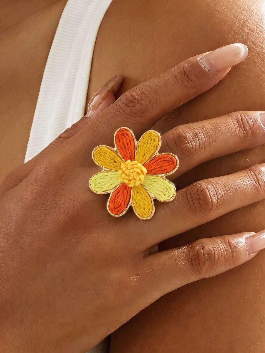 1pc Bohemian Style Woven Grass Orange Floral Adjustable Ring, Suitable For Women Beach Outings Daily Wear And Outfit Matching - Orange - View 1