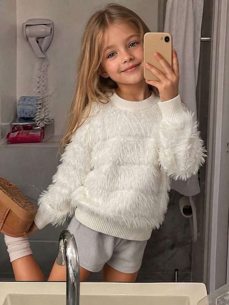 Girls Elegant Solid Color Faux Mink Fur Round Neck Sweater Long Sleeve Knit Pullover Suitable For Daily Casual Spring Autumn Winter - White - View 1