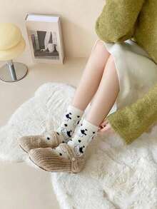 1/2/4/6 Pairs Cute Cow Print Plush Socks, Unisex - Warm Comfortable Fuzzy Non-Slip Floor Sleep Slippers Socks, Fun Animal Gift - White - View 6