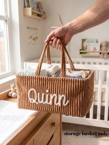 Customized Name Corduroy Storage Organizer Box, Embroidered Name, Large Foldable Sundries Storage Bucket With Handle, Multi-Purpose Home Storage Box, Suitable For Toys, Clothes, Blankets, Ideal For Couples, Parents, Family Housewarming And Wedding Gifts - Multicolor - View 3