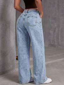 Women's Light Blue Mid-Waist Slim Fit Straight Leg Casual Pants & Versatile Washed Denim Spring Fall - Blue - View 6