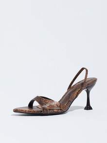 Women's Pointed Open-Toe Goblet Heel Sandals, Brown With Delicate Embossed Print Single Strap Design, Fashion Autumn Footwear For Evening Events - Brown - View 4