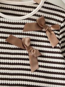 2pcs/Set Spring/Autumn Girls Long Sleeve Outfit, Bowknot Striped Crew Neck Long Sleeve Top With Elastic Waist Wide Leg Pants - Brown - View 4