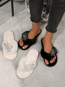 2026 Otoño/Invierno Nuevas Pantuflas de Peluche con Mariposa de Strass para Mujeres, Sandalias Planas de Una Correa Negras, Uso Interior/Exterior, Sandalias Antideslizantes de Felpa - Negro - Ver 6