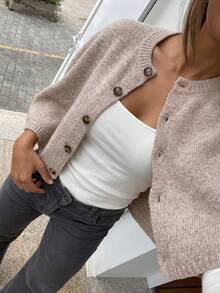 Spring/Autumn Minimalist Commuter Style Cape-Style Knit Cover Up, Round Neck Single-Breasted Ribbed Hem Short Jacket, Daily Commute Casual Streetwear Vacation Layering Versatile Soft Style Women's Open Front Outerwear - Khaki - View 6