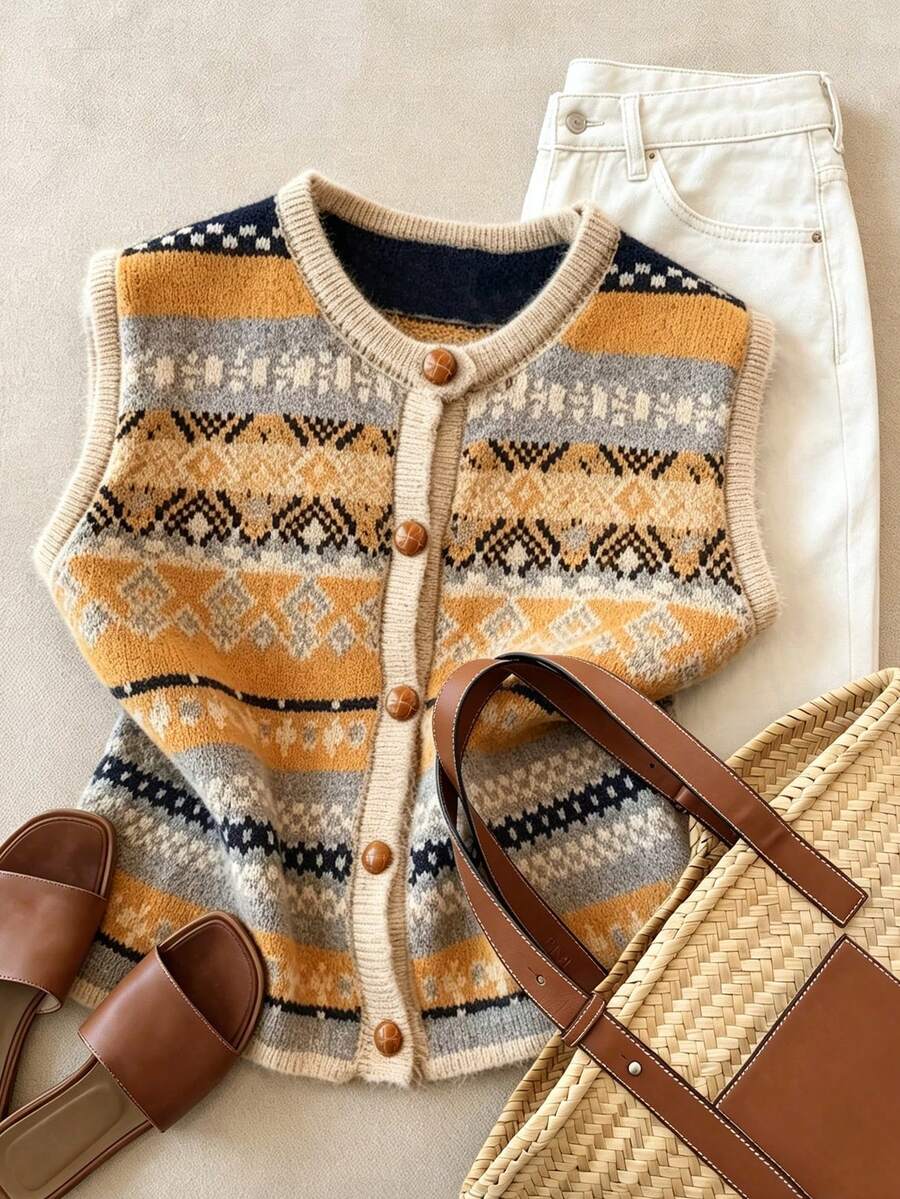 Third Introversion - Women's Vintage Fair Isle Knit Button Front Cardigan Vest, Regular Length Sleeveless Sweater Vest, Comfortable For Summer, Autumn And Winter - Orange - View 1