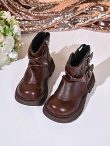 Girls' Fashion Ruched Ankle Boots With Metal Ring Buckle, Side Zipper, Thick Sole, Retro Style - Brown - View 4