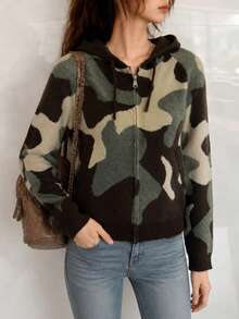 Jaket Kardigan Wanita Musim Gugur/Dingin Elegan Minimalis dengan Motif Kamuflase yang Menawan, Dilengkapi Resleting - MultiWarna - View 3