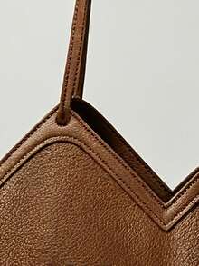 Maillard Style Geometric V-Neck Tote Bag, Brown Embossed Faux Leather Material, Unique Polygonal V-Neck Shape, Minimalist Long Shoulder Strap, Paired With Printed Silk Scarf Ribbon Accessory, Open Top Large Capacity Design, High-End Texture, Suitable For Commuting, School, Travel, Vintage Minimalist Style Women's Shoulder Handbag - Brown - View 4