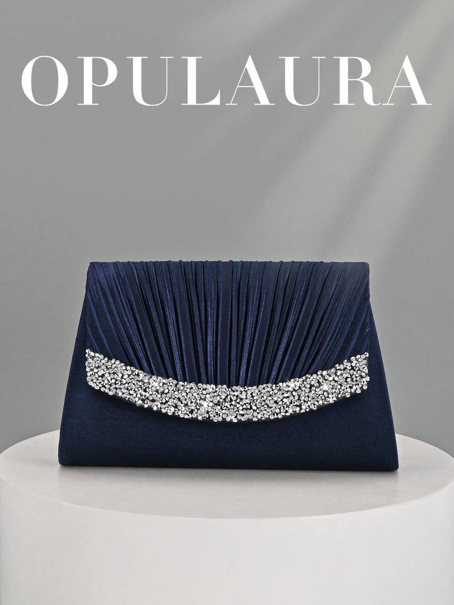 OpulAura 秋冬假日褶皱迷你手拿包。闪耀迷人的水钻装饰，优雅时尚的信封式手提包，专为女性设计，适合派对、婚礼、晚宴和聚会等场合。是参加派对、婚礼、毕业典礼和正式晚宴/宴会的女性的理想之选，也是一份绝佳的礼物。 - 藏蓝色 - 查看 1
