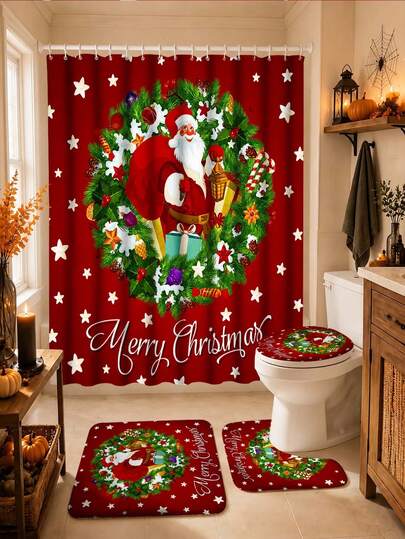 1/4pcs Christmas Santa Claus Bathroom Shower Curtain Set, For Thanksgiving Halloween Christmas Bathroom Decor, Bathroom Accessories Waterproof Shower Curtain With 12 Hooks, 12 Hooks Shower Curtain Waterproof Polyester Fabric, Decorative Bathtub Partition Curtain, Modern Home Bathroom Decor, Waterproof Polyester Fabric, Machine Washable, Grommet Top, Unlined Woven Shower Curtain, Suitable For Hotel Apartment Bathroom Decor, Home Decor Bathroom Accessories, Suitable For All Seasons, Perfect As A Gift