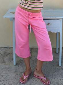 Women's Y2K Drawstring Cropped Wide Leg Pants, Loose Short Casual Pants, Cotton Casual Vacation Home Pants - Rose Pink - View 8
