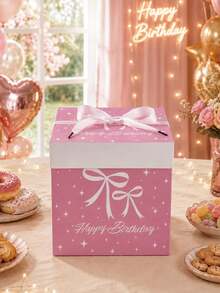 1Pc Pink Bow Knot Birthday Gift Box With Lid & Ribbon, 22*22*22cm Square Party Favor Box For Girls Birthday Gift Wrapping Decor - Ribbon Bow Gift Box With Lid (Includes Ribbon) - View 4