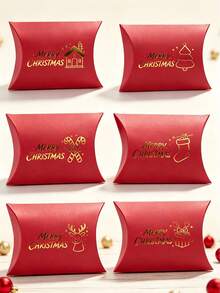 12PCS/Christmas Pillow Gift Boxes, Red Paper Favor Boxes With Gold Foil Stamping, 4.33*2.76 Inch Xmas Cartoon Treat Boxes For Candy Cookie Holiday Gift Packaging - View 1