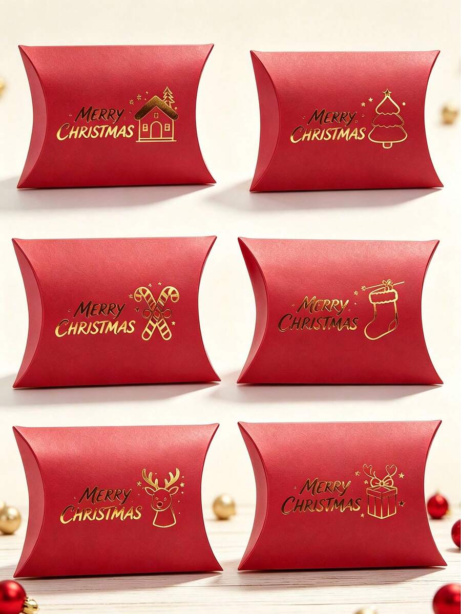 12PCS/Christmas Pillow Gift Boxes, Red Paper Favor Boxes With Gold Foil Stamping, 4.33*2.76 Inch Xmas Cartoon Treat Boxes For Candy Cookie Holiday Gift Packaging - View 1