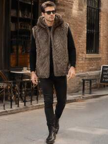 Men's Hooded Faux Fur Vest Jacket, Simple Fashion Casual Daily Wear - Dark Grey - View 5