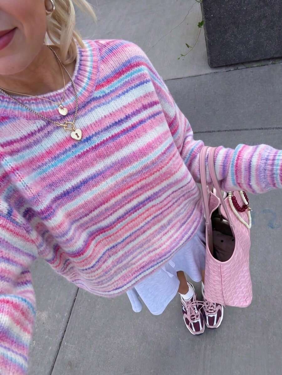 Vivid Style Women's Pink Striped Fuzzy Knit Sweater, Round Neck Space Dye Gradient Loose Drop Shoulder Long Sleeve Rainbow Warm Knit Pullover Top - Multicolor - View 1