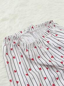 Women's Striped Heart Print Long Sleeve Long Pants Bubble Crinkle Pajama Set - Red - View 9