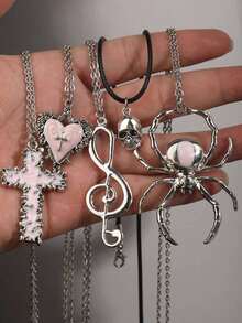5pcs Vintage Gothic European American Halloween Quirky Gemstone Dark Retro Punk Gothic Bat, Skull, Melting Cross, Rose Heart, Purple Giant Spider Jewelry Pendant Earrings, Bohemian Style Necklace, Y2K Women's Necklace - Black - View 9