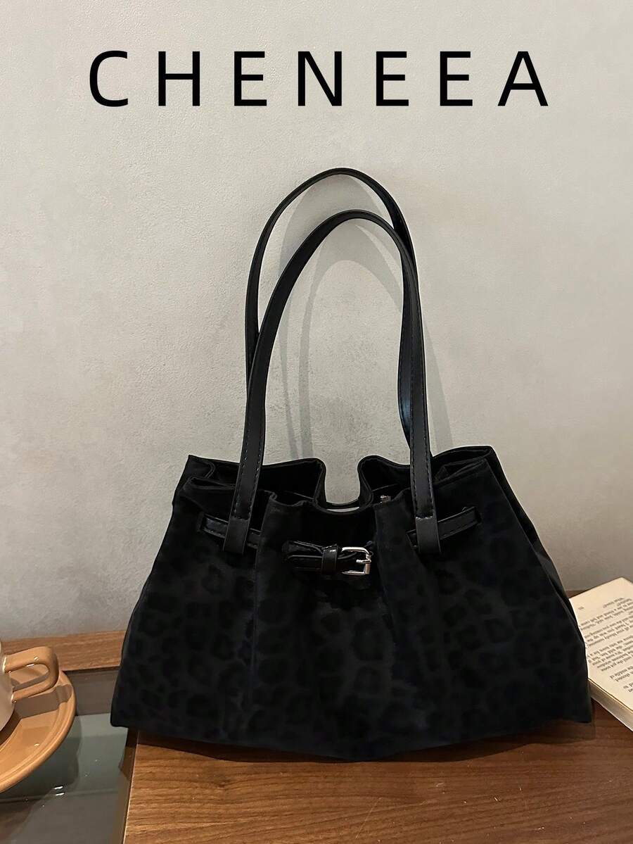 New Vintage Fashion Leopard Print Tote Bag, Metal Drawstring Decor, Lightweight Minimalist, Large Capacity Soft Texture, Commuter Casual Shoulder Bag