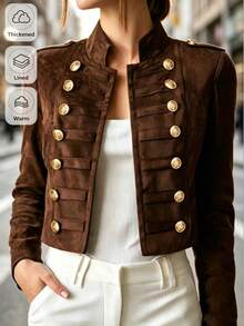 Women's High-Quality Vintage Court Style Stand Collar Double-Breasted Gold Button Suede Napoleon Jacket, Slim Fit Waist-Cinching Motorcycle Jacket, Solid Color With Pockets, Suitable For Office, Daily Wear, Dating, Gathering (No Buckle, Open Front) - Brown - View 5