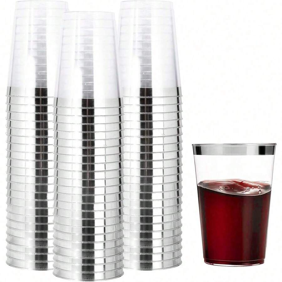 100pcs Silver Rimmed Transparent Cups, 6.76oz Clear Cups With Silver Trim, Silver 1 Color Cold Drink Cups, Hard Cups For Parties, Premium Silver Rimmed Cups, Perfect For Weddings And Parties - Silver - View 1