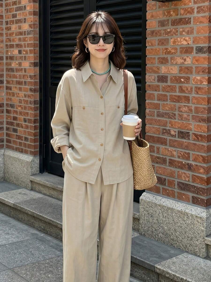 Y6Y New Light Coffee Color Premium Long Sleeve Autumn Women's Button Front Blouse Shirt - Light Coffee - View 1