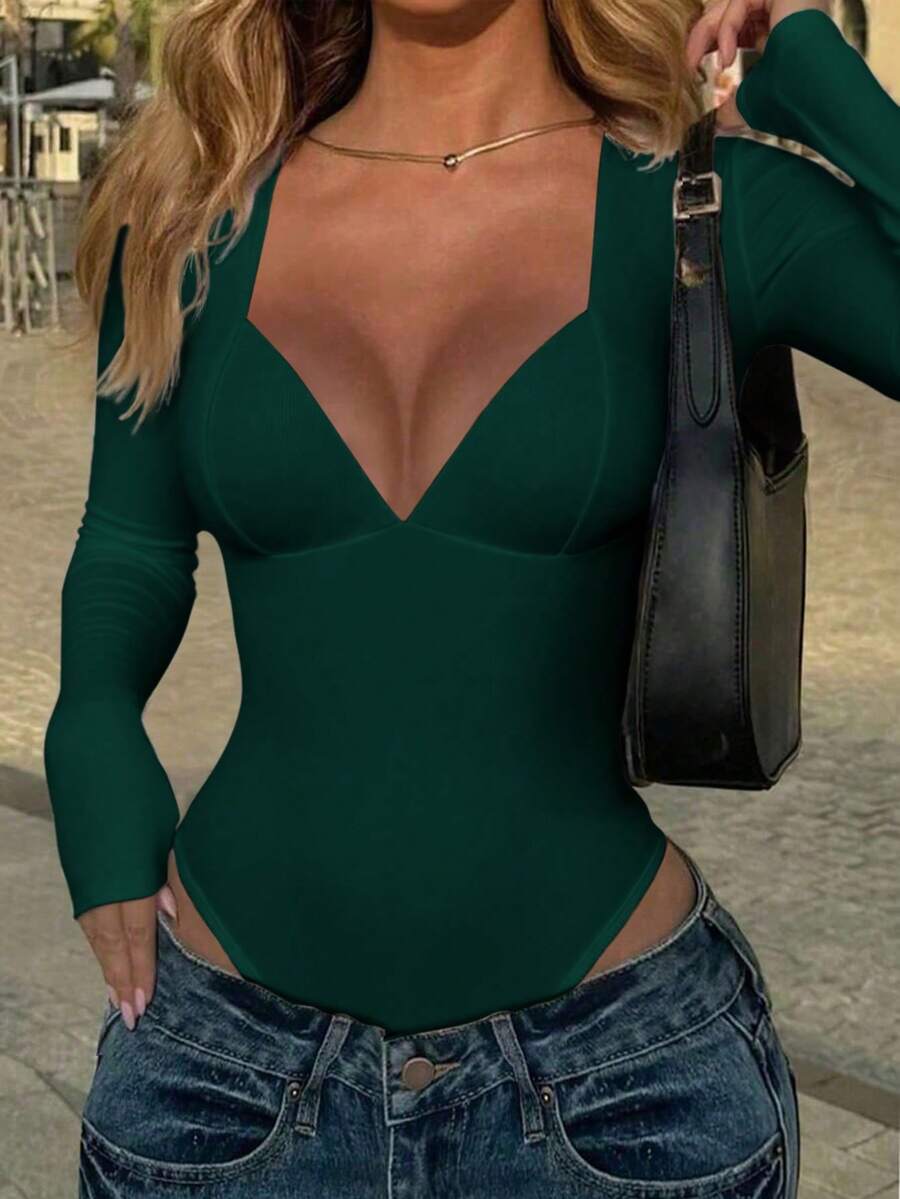 GLAMSKIN 女款夏秋基礎款純色深V領長袖修身連身衣,Y2K 性感修身開學季休閒街頭風上衣 - 墨綠色 - 查看 1
