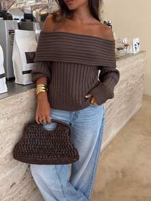 Just Masa Women's Autumn Y2K Casual Elegant Brown Cold Shoulder Folded Collar Pullover Sweater, Solid Color Long Sleeve Ribbed Knit Top, Suitable For Outings And Daily Wear - Khaki - View 5