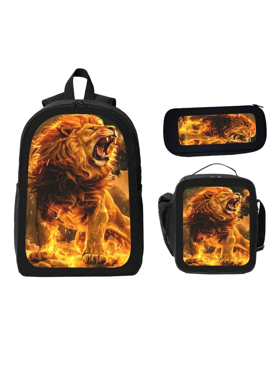 3-Piece Set Pencil Case, Lunch Bag, Backpack, Outdoor Fashion Backpack, Travel Bag, Adjustable Strap Backpack - Yellow - View 1
