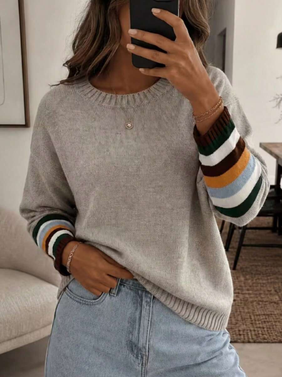 Women's Vintage Round Neck Drop Shoulder Long Sleeve Knit Sweater, Light Gray Slouchy Contrast Stripe Cuffs Versatile Pullover - Grey - View 1