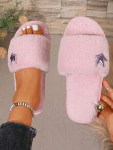 Women's Light Pink Plush Slippers, Small Crown Pattern Decor Open Toe Fuzzy House Slippers, Comfortable Indoor Outdoor Warm Flat Shoes - Pink - View 6