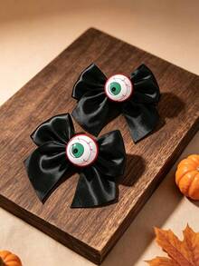2pcs Black Grosgrain Ribbon Bows With Green Eyeball Decor Alligator Clips Halloween Gothic Hair Clips Teens Hair Accessories - Multicolor - View 2