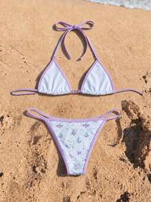 SwimNova Spring/Summer Fresh Floral Halter Neck Light Purple Trim Bikini Top And Triangle Bottom 2 Pieces Set For Beach Vacation Party - Multicolor - View 3