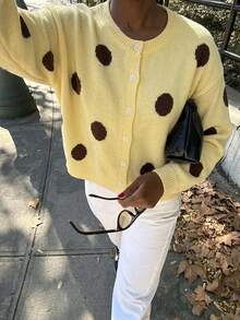 Cardigan Polkadot Vintage Wanita, Sweater Lengan Panjang Leher Bulat Kancing Depan, Cocok untuk Musim Gugur/Musim Dingin - Kuning - View 3