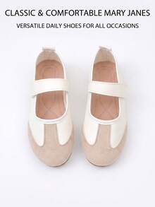 1 Pair Girls' Colorblock Mary Jane Flat Shoes, Hook & Loop Strap Round Toe Soft Sole School Shoes, Children's Casual Loafers, Suitable For Spring & Autumn Shopping And Vacation - Beige - View 3