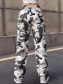 Knot & Curve Women's Cargo Pants, All Season, Elastic Drawstring Waist, Camouflage Print, 3D Large Pockets, Loose Drape Floor Length - White - View 6
