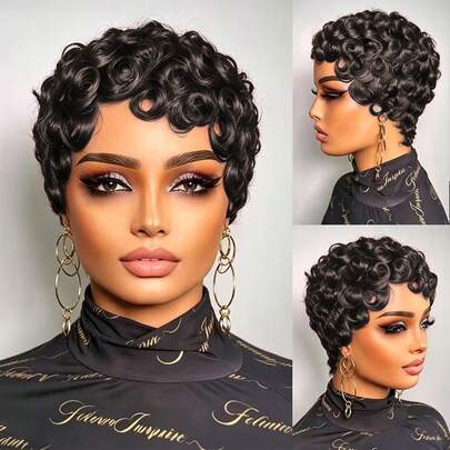 Pixie Cut Wig Human Hair Curly Short Wig For Human Hair Easy To Wear None Lace Front Pixie Wig For Women Nature Black Full Machine Made Short Wigs For Women Layered Pixie Haircut Wigs With Bangs Human Hair