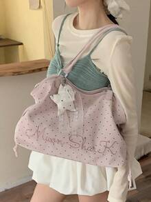 Embroidered Polka Dot Tote Bag, Y2K Sweet Cool Style Shoulder Bag, Large Capacity Commuter Bag, No Pendant, No Pendant - Pink - View 4